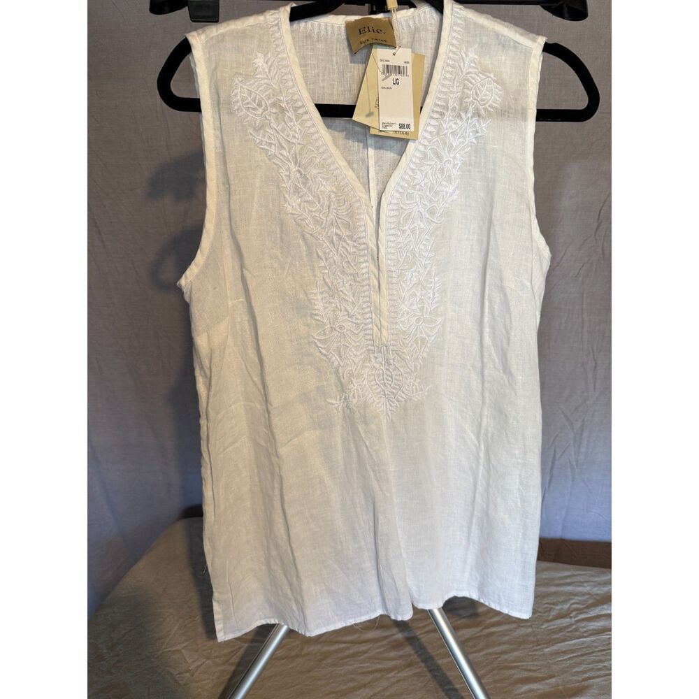Tahari White Linen Sleeveless Tunic Blouse with Embroidery - NWT - s L - Picture 2 of 3